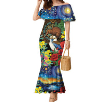 Kiwi-Kookaburra Bird ANZAC Personalised Family Matching Mermaid Dress and Hawaiian Shirt Aussie Golden Wattle Poppy Flowers LT9 Mom's Dress Blue - Polynesian Pride