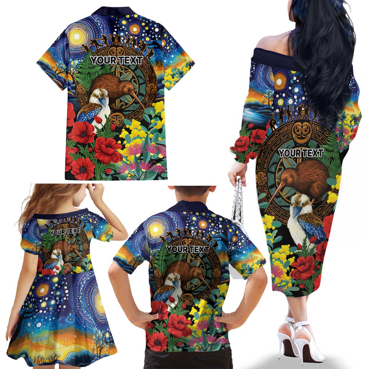 Kiwi-Kookaburra Bird ANZAC Personalised Family Matching Off The Shoulder Long Sleeve Dress and Hawaiian Shirt Aussie Golden Wattle Poppy Flowers LT9 - Polynesian Pride