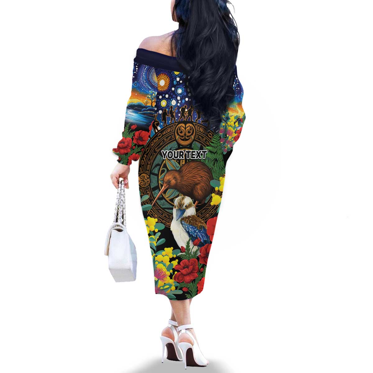 Kiwi-Kookaburra Bird ANZAC Personalised Family Matching Off The Shoulder Long Sleeve Dress and Hawaiian Shirt Aussie Golden Wattle Poppy Flowers LT9 - Polynesian Pride