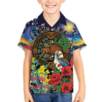 Kiwi-Kookaburra Bird ANZAC Personalised Family Matching Off The Shoulder Long Sleeve Dress and Hawaiian Shirt Aussie Golden Wattle Poppy Flowers LT9 Son's Shirt Blue - Polynesian Pride