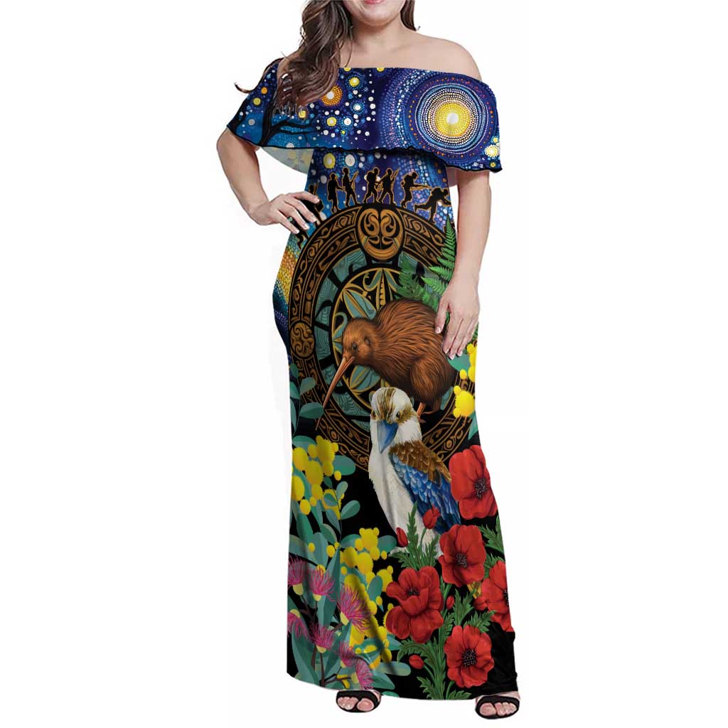Kiwi-Kookaburra Bird ANZAC Personalised Family Matching Off Shoulder Maxi Dress and Hawaiian Shirt Aussie Golden Wattle Poppy Flowers LT9 Mom's Dress Blue - Polynesian Pride