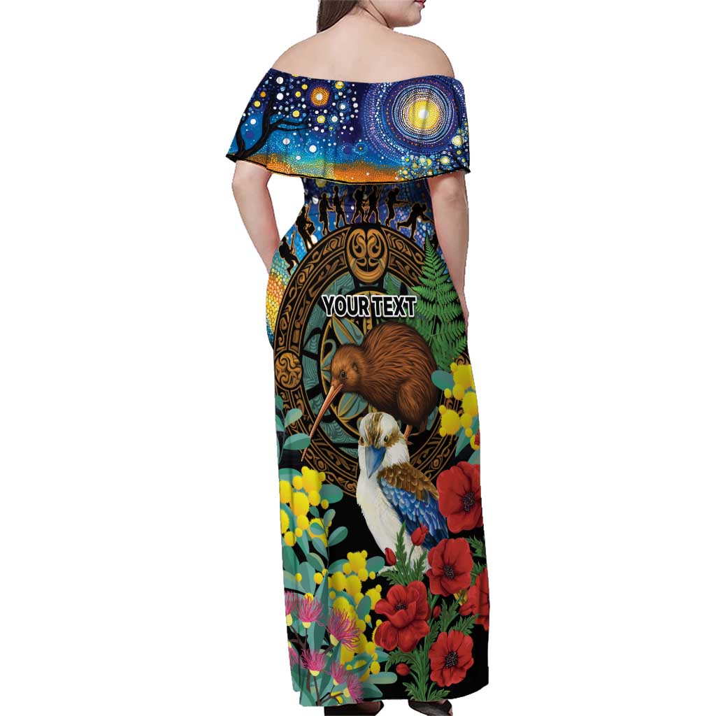 Kiwi-Kookaburra Bird ANZAC Personalised Family Matching Off Shoulder Maxi Dress and Hawaiian Shirt Aussie Golden Wattle Poppy Flowers LT9 - Polynesian Pride