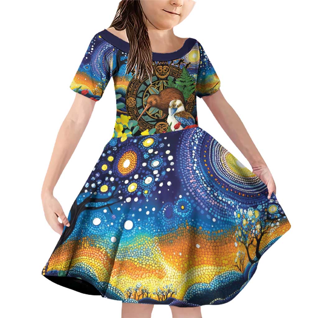 Kiwi-Kookaburra Bird ANZAC Personalised Family Matching Off Shoulder Short Dress and Hawaiian Shirt Aussie Golden Wattle Poppy Flowers LT9 Daughter's Dress Blue - Polynesian Pride