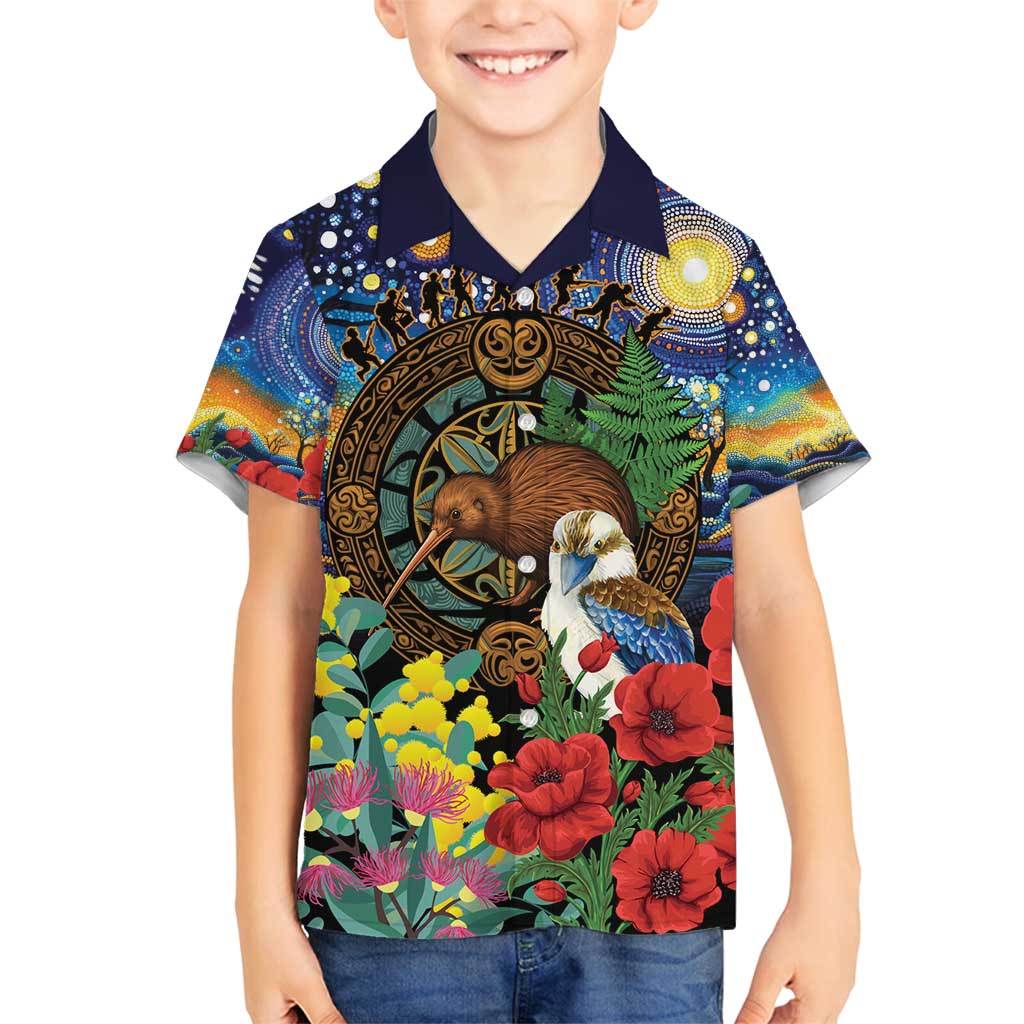 Kiwi-Kookaburra Bird ANZAC Personalised Family Matching Off Shoulder Short Dress and Hawaiian Shirt Aussie Golden Wattle Poppy Flowers LT9 Son's Shirt Blue - Polynesian Pride