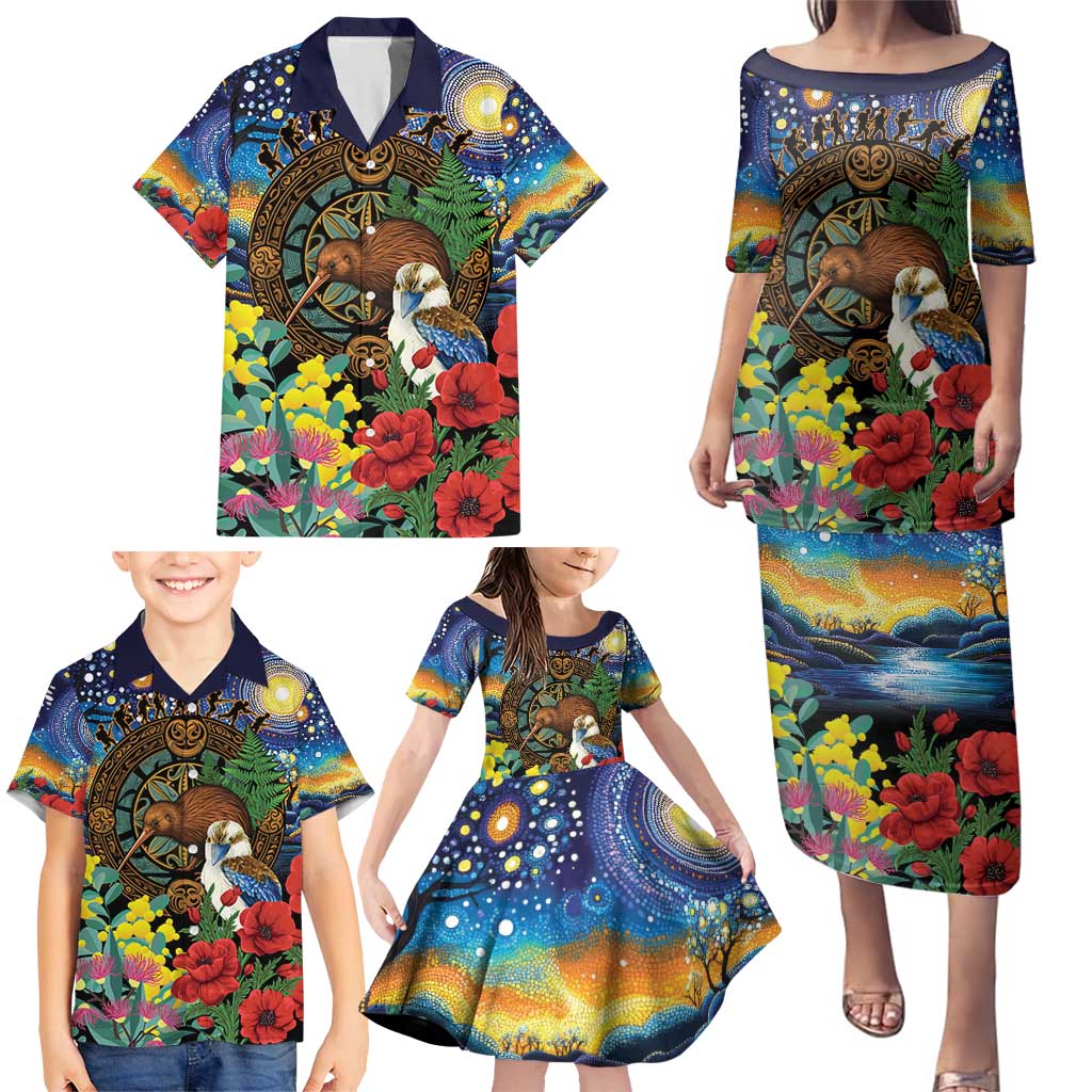 Kiwi-Kookaburra Bird ANZAC Personalised Family Matching Puletasi and Hawaiian Shirt Aussie Golden Wattle Poppy Flowers
