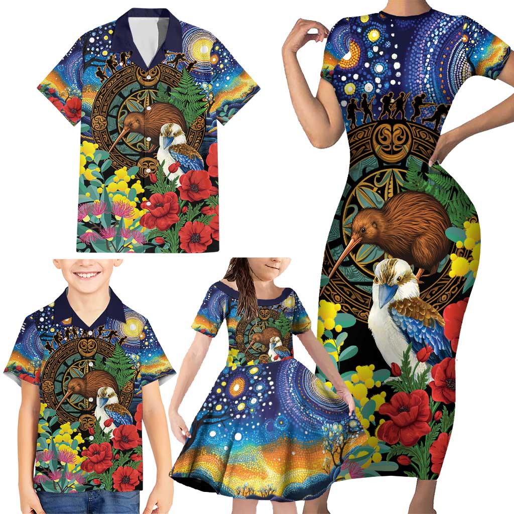 Kiwi-Kookaburra Bird ANZAC Personalised Family Matching Short Sleeve Bodycon Dress and Hawaiian Shirt Aussie Golden Wattle Poppy Flowers