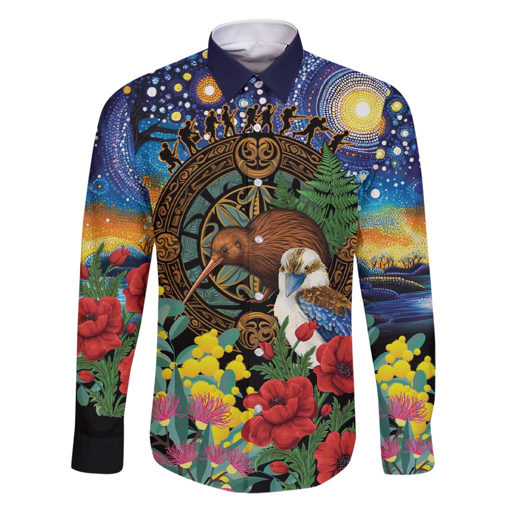 Kiwi-Kookaburra Bird ANZAC Personalised Family Matching Short Sleeve Bodycon Dress and Hawaiian Shirt Aussie Golden Wattle Poppy Flowers LT9 Dad's Shirt - Long Sleeve Blue - Polynesian Pride