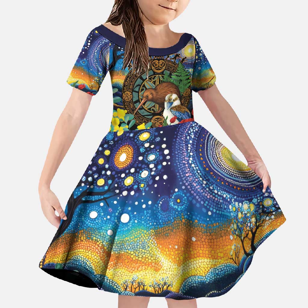 Kiwi-Kookaburra Bird ANZAC Personalised Family Matching Tank Maxi Dress and Hawaiian Shirt Aussie Golden Wattle Poppy Flowers LT9 Daughter's Dress Blue - Polynesian Pride