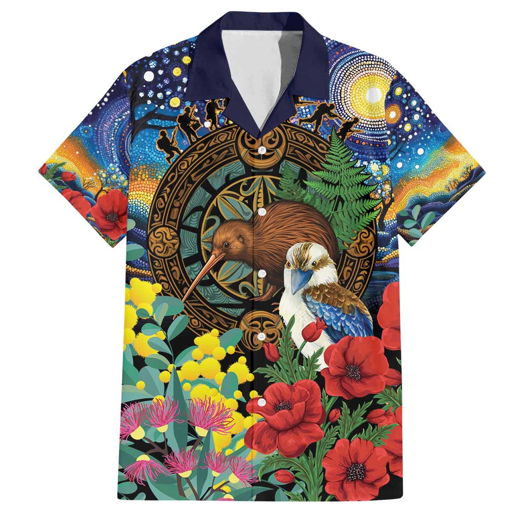 Kiwi-Kookaburra Bird ANZAC Personalised Family Matching Tank Maxi Dress and Hawaiian Shirt Aussie Golden Wattle Poppy Flowers LT9 Dad's Shirt - Short Sleeve Blue - Polynesian Pride