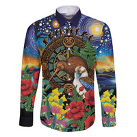 Kiwi-Kookaburra Bird ANZAC Personalised Family Matching Tank Maxi Dress and Hawaiian Shirt Aussie Golden Wattle Poppy Flowers LT9 Dad's Shirt - Long Sleeve Blue - Polynesian Pride