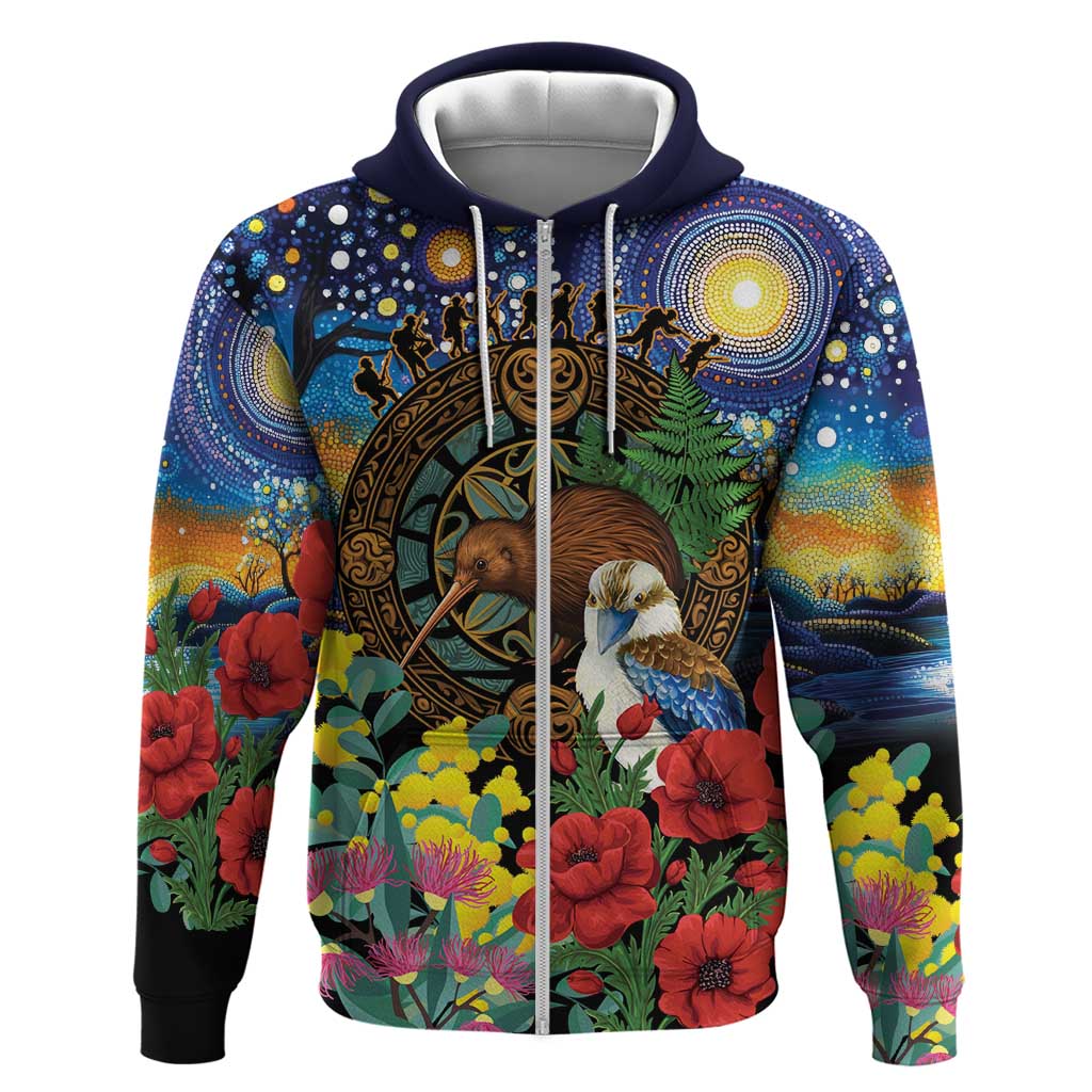 Kiwi-Kookaburra Bird ANZAC Personalised Hoodie Aussie Golden Wattle Poppy Flowers