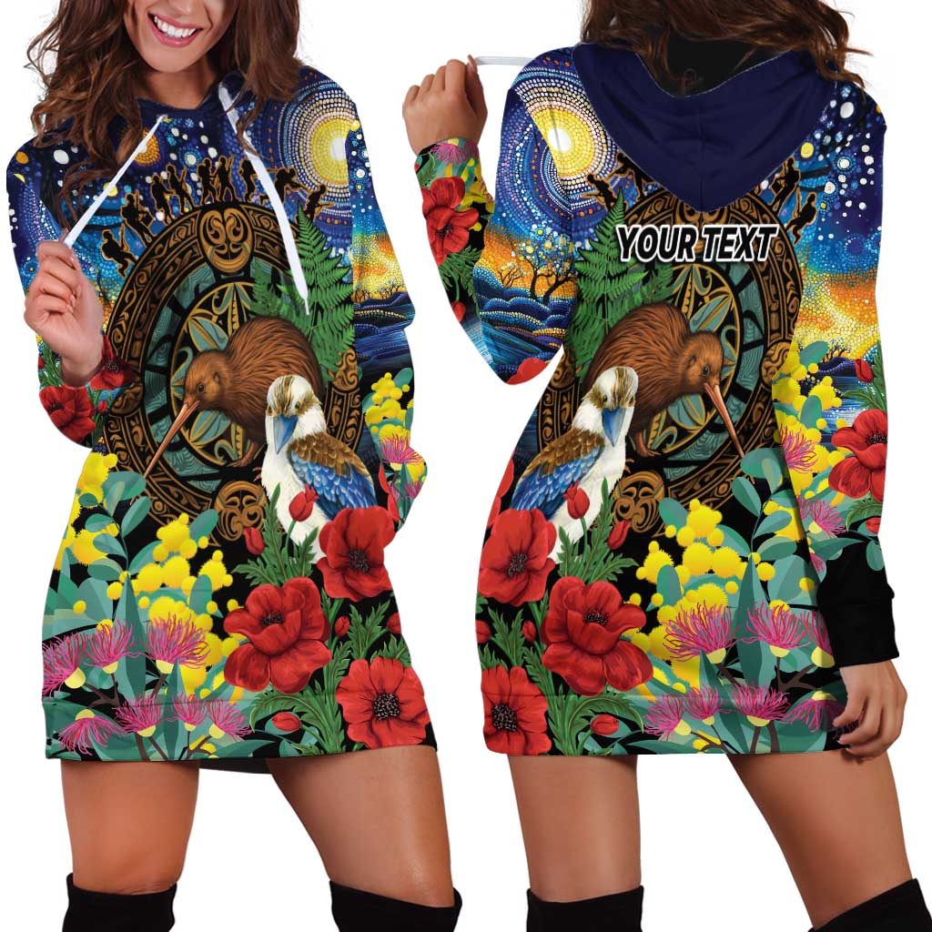 Kiwi-Kookaburra Bird ANZAC Personalised Hoodie Dress Aussie Golden Wattle Poppy Flowers LT9 - Polynesian Pride