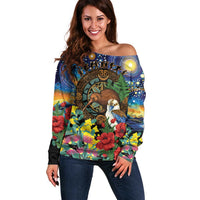 Kiwi-Kookaburra Bird ANZAC Personalised Off Shoulder Sweater Aussie Golden Wattle Poppy Flowers