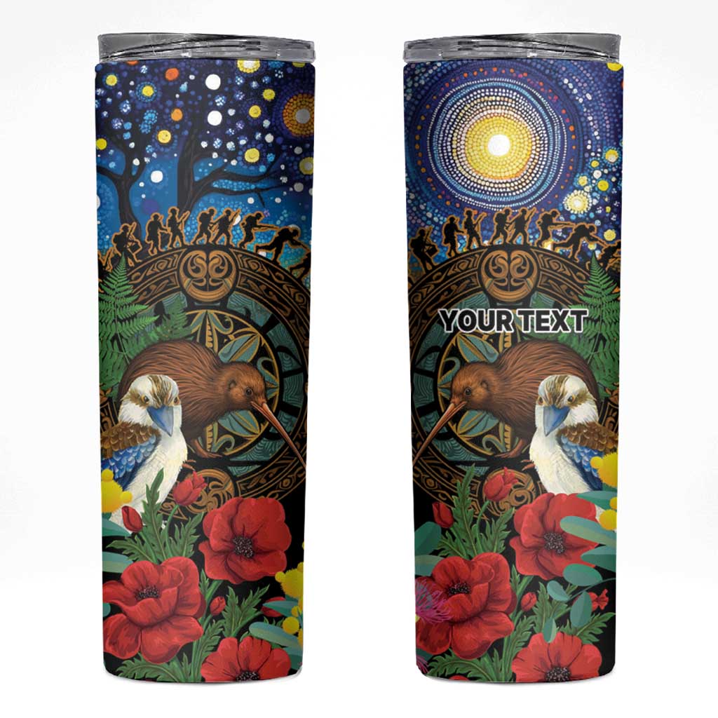 Kiwi-Kookaburra Bird ANZAC Personalised Skinny Tumbler Aussie Golden Wattle Poppy Folowers LT9 Blue - Polynesian Pride