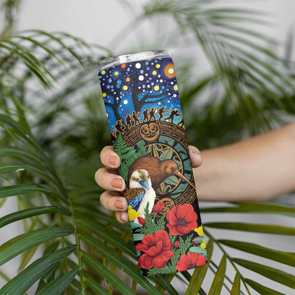 Kiwi-Kookaburra Bird ANZAC Personalised Skinny Tumbler Aussie Golden Wattle Poppy Folowers LT9 - Polynesian Pride