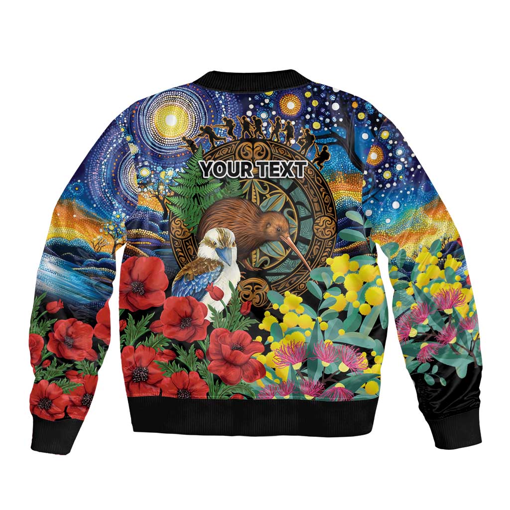 Kiwi-Kookaburra Bird ANZAC Personalised Sleeve Zip Bomber Jacket Aussie Golden Wattle Poppy Flowers