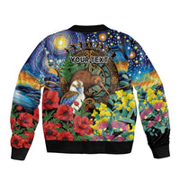 Kiwi-Kookaburra Bird ANZAC Personalised Sleeve Zip Bomber Jacket Aussie Golden Wattle Poppy Flowers