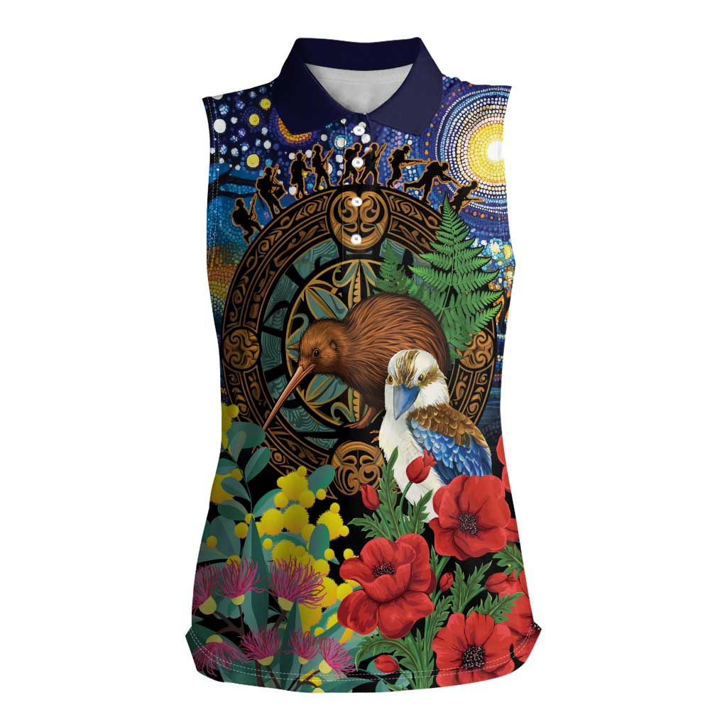 Kiwi-Kookaburra Bird ANZAC Personalised Women Sleeveless Polo Shirt Aussie Golden Wattle Poppy Flowers LT9 Female Blue - Polynesian Pride