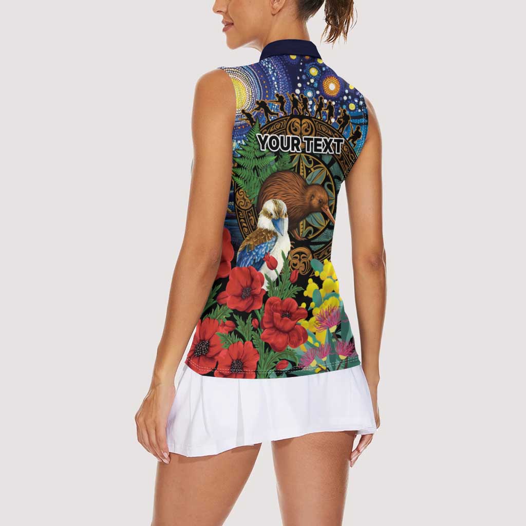 Kiwi-Kookaburra Bird ANZAC Personalised Women Sleeveless Polo Shirt Aussie Golden Wattle Poppy Flowers LT9 - Polynesian Pride