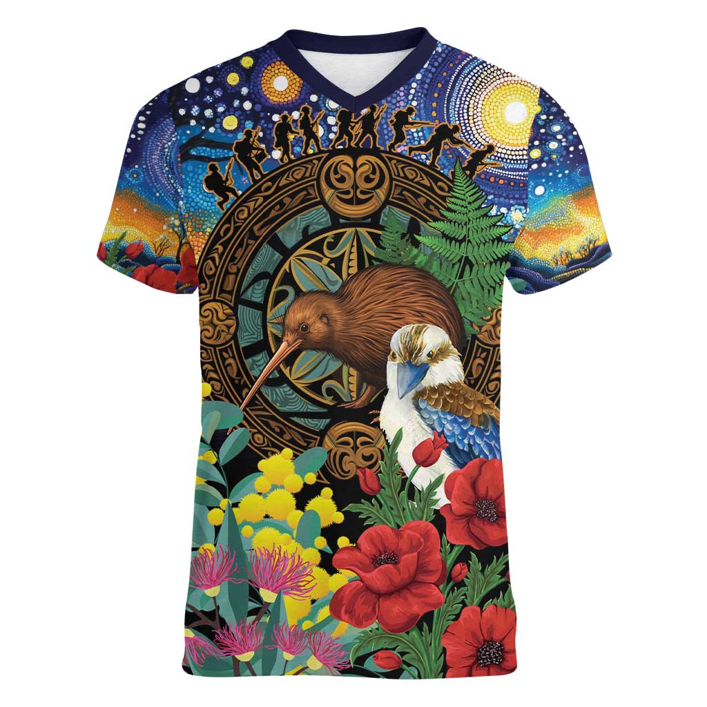 Kiwi-Kookaburra Bird ANZAC Personalised Women V-Neck T-Shirt Aussie Golden Wattle Poppy Flowers LT9 Female Blue - Polynesian Pride