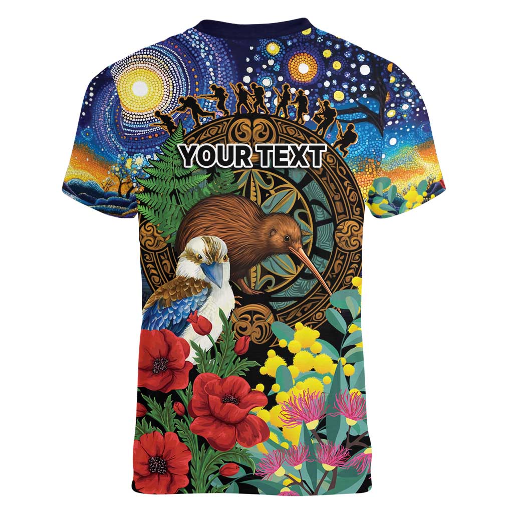 Kiwi-Kookaburra Bird ANZAC Personalised Women V-Neck T-Shirt Aussie Golden Wattle Poppy Flowers LT9 - Polynesian Pride