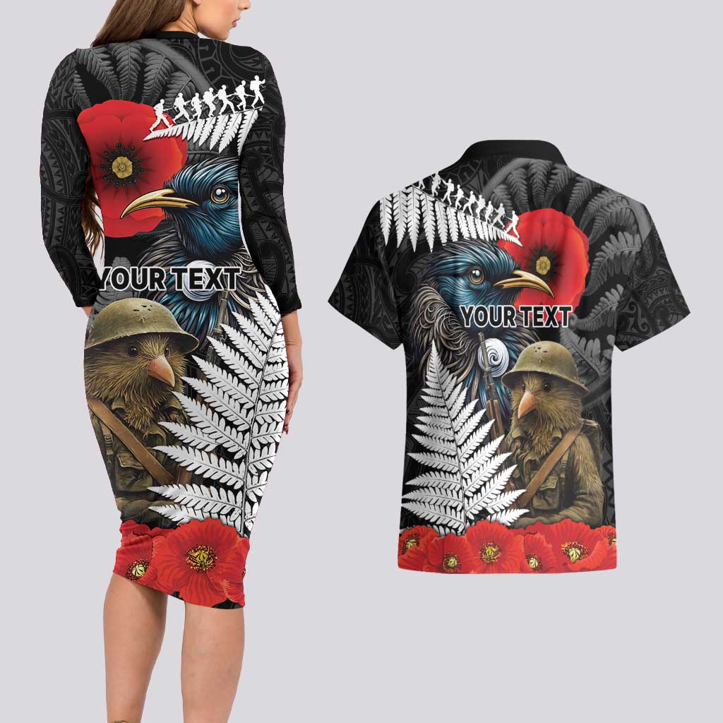 Kiwi-Tui Bird Soldier ANZAC Day Personalised Couples Matching Long Sleeve Bodycon Dress and Hawaiian Shirt Maori Silver Fern Motif LT9 - Polynesian Pride