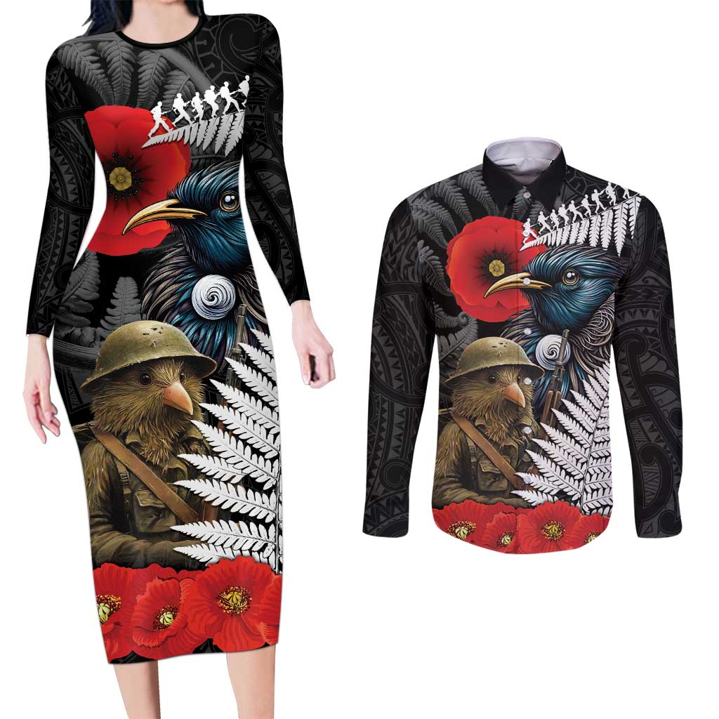 Kiwi-Tui Bird Soldier ANZAC Day Personalised Couples Matching Long Sleeve Bodycon Dress and Long Sleeve Button Shirt Maori Silver Fern Motif LT9 Black - Polynesian Pride