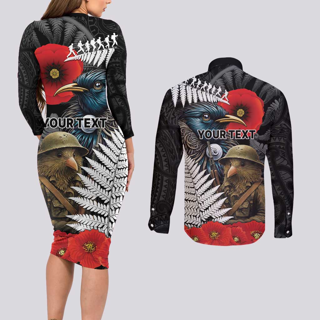 Kiwi-Tui Bird Soldier ANZAC Day Personalised Couples Matching Long Sleeve Bodycon Dress and Long Sleeve Button Shirt Maori Silver Fern Motif LT9 - Polynesian Pride