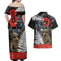 Kiwi-Tui Bird Soldier ANZAC Day Personalised Couples Matching Off Shoulder Maxi Dress and Hawaiian Shirt Maori Silver Fern Motif LT9 - Polynesian Pride