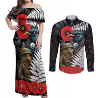 Kiwi-Tui Bird Soldier ANZAC Day Personalised Couples Matching Off Shoulder Maxi Dress and Long Sleeve Button Shirt Maori Silver Fern Motif LT9 Black - Polynesian Pride