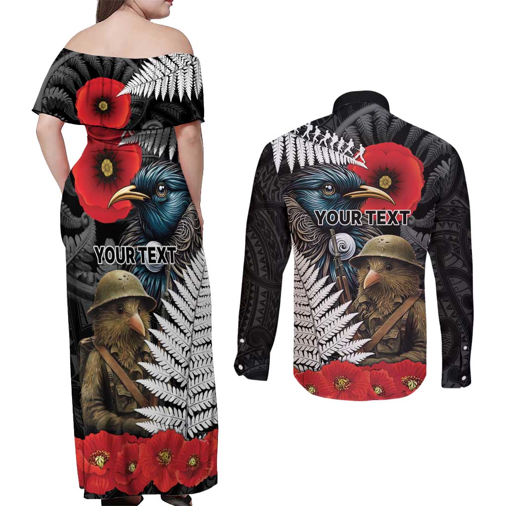 Kiwi-Tui Bird Soldier ANZAC Day Personalised Couples Matching Off Shoulder Maxi Dress and Long Sleeve Button Shirt Maori Silver Fern Motif LT9 - Polynesian Pride