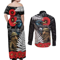 Kiwi-Tui Bird Soldier ANZAC Day Personalised Couples Matching Off Shoulder Maxi Dress and Long Sleeve Button Shirt Maori Silver Fern Motif LT9 - Polynesian Pride