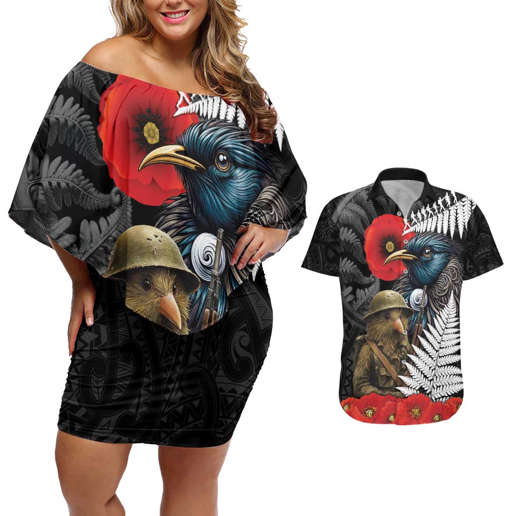 Kiwi-Tui Bird Soldier ANZAC Day Personalised Couples Matching Off Shoulder Short Dress and Hawaiian Shirt Maori Silver Fern Motif LT9 Black - Polynesian Pride