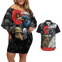 Kiwi-Tui Bird Soldier ANZAC Day Personalised Couples Matching Off Shoulder Short Dress and Hawaiian Shirt Maori Silver Fern Motif LT9 Black - Polynesian Pride