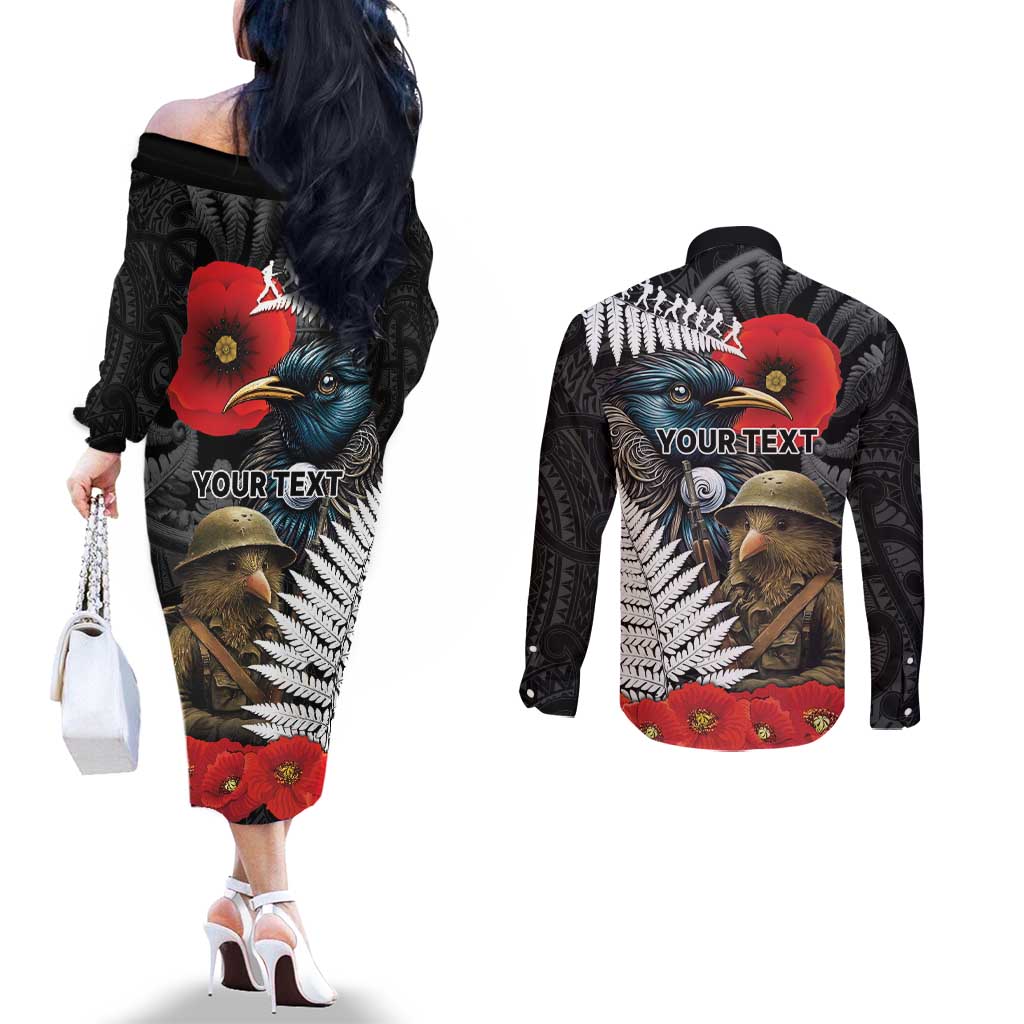 Kiwi-Tui Bird Soldier ANZAC Day Personalised Couples Matching Off The Shoulder Long Sleeve Dress and Long Sleeve Button Shirt Maori Silver Fern Motif LT9 - Polynesian Pride