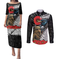 Kiwi-Tui Bird Soldier ANZAC Day Personalised Couples Matching Puletasi and Long Sleeve Button Shirt Maori Silver Fern Motif LT9 Black - Polynesian Pride