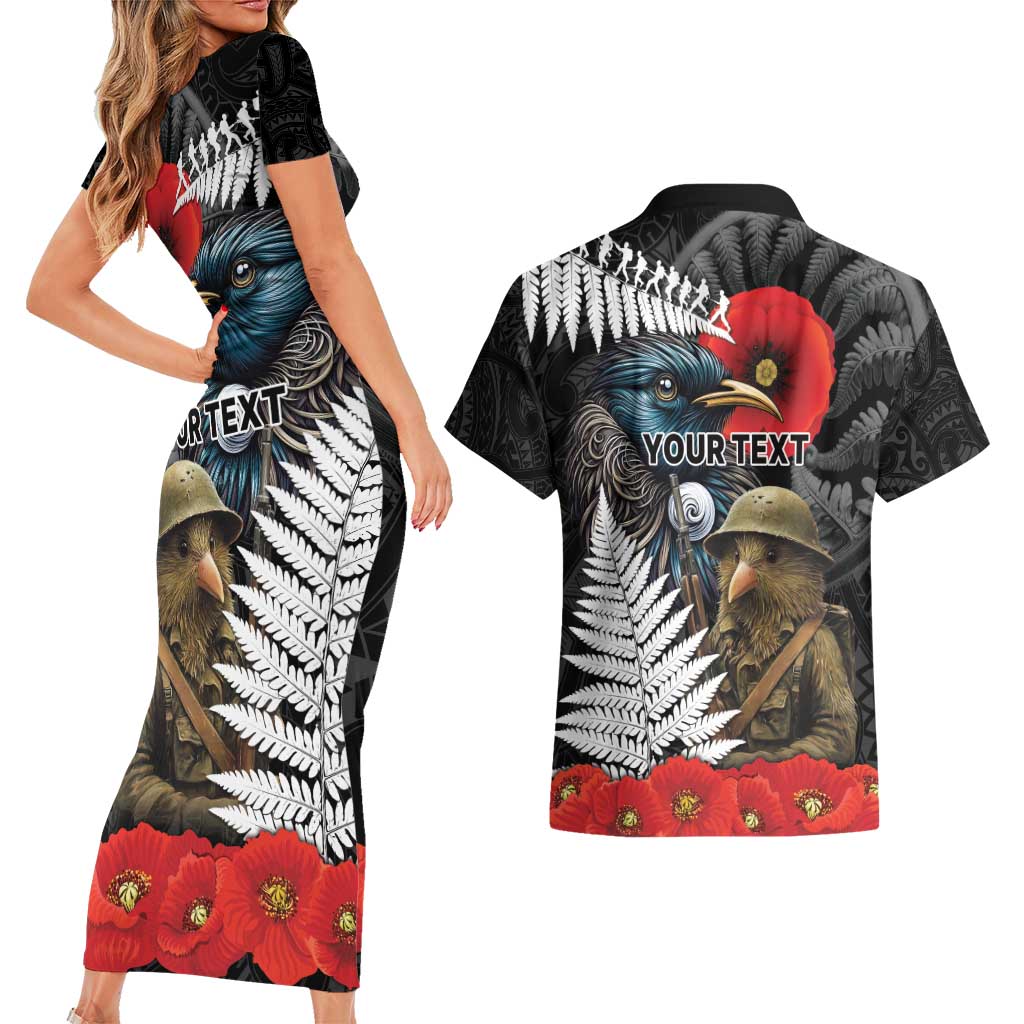 Kiwi-Tui Bird Soldier ANZAC Day Personalised Couples Matching Short Sleeve Bodycon Dress and Hawaiian Shirt Maori Silver Fern Motif LT9 - Polynesian Pride