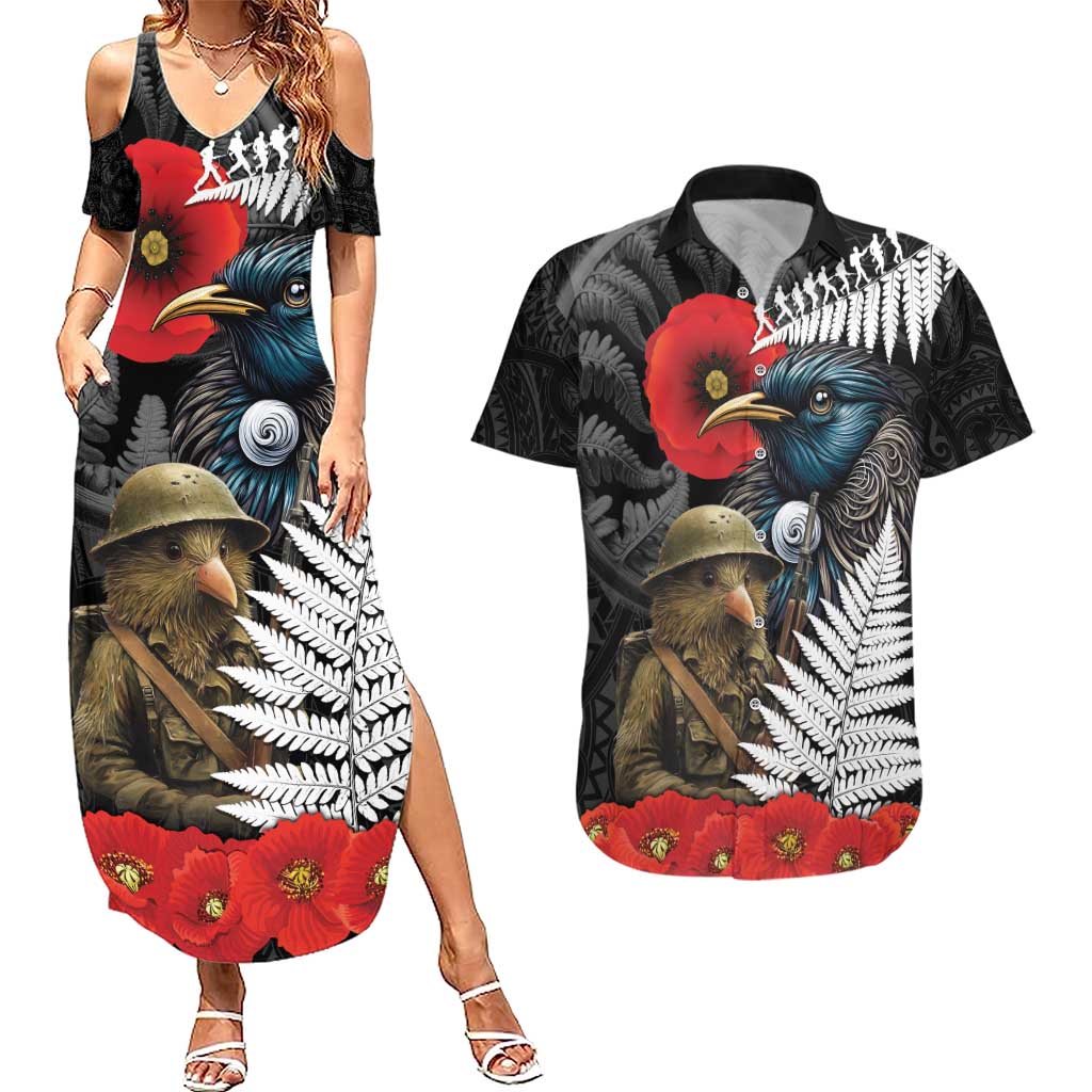 Kiwi-Tui Bird Soldier ANZAC Day Personalised Couples Matching Summer Maxi Dress and Hawaiian Shirt Maori Silver Fern Motif LT9 Black - Polynesian Pride