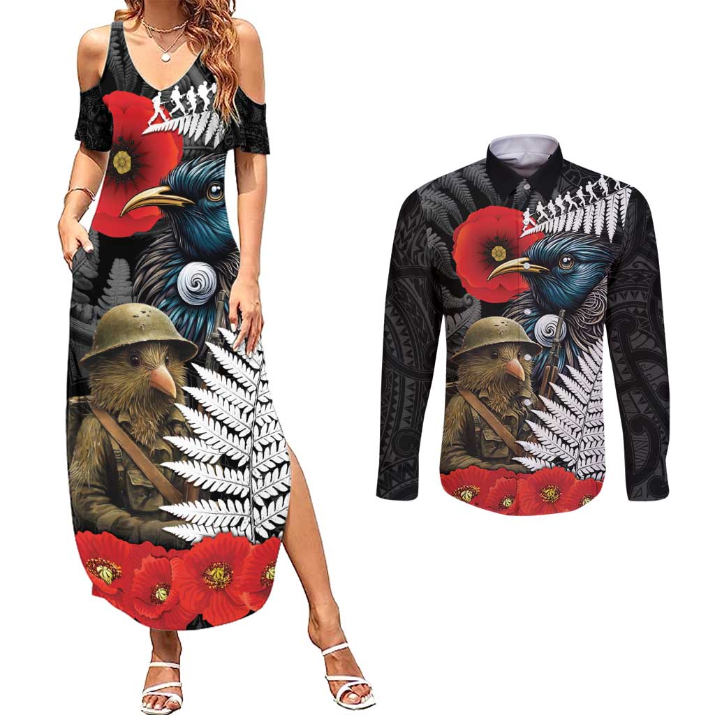 Kiwi-Tui Bird Soldier ANZAC Day Personalised Couples Matching Summer Maxi Dress and Long Sleeve Button Shirt Maori Silver Fern Motif LT9 Black - Polynesian Pride