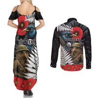 Kiwi-Tui Bird Soldier ANZAC Day Personalised Couples Matching Summer Maxi Dress and Long Sleeve Button Shirt Maori Silver Fern Motif LT9 - Polynesian Pride