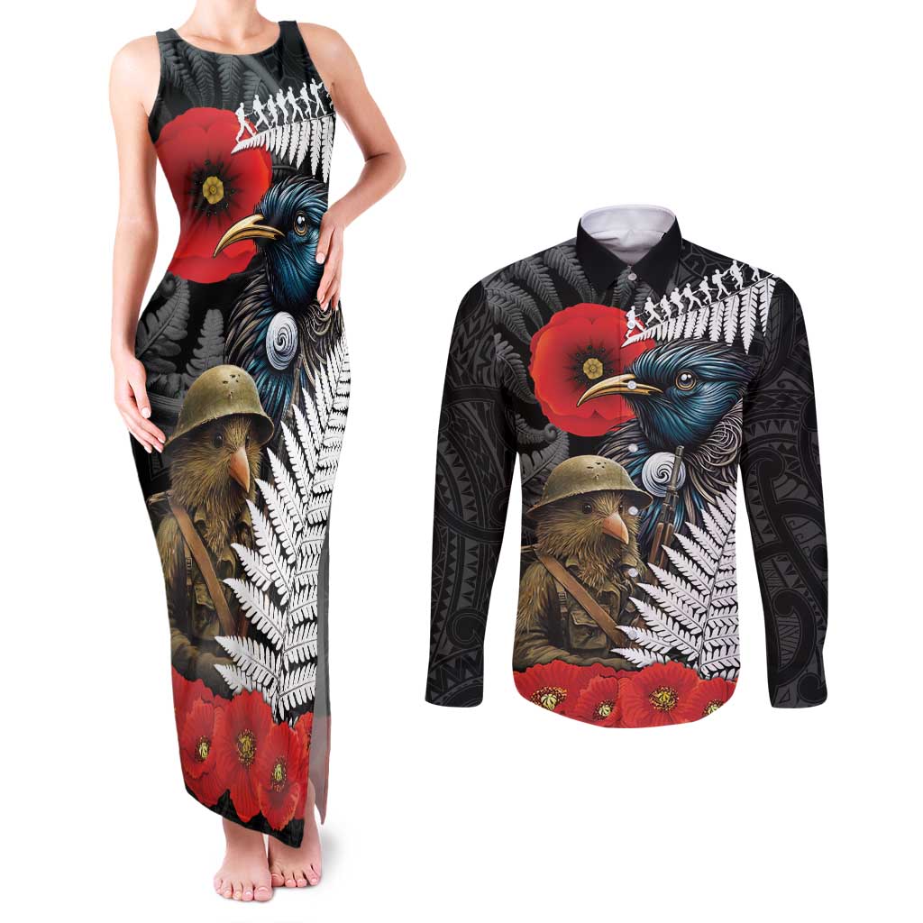 Kiwi-Tui Bird Soldier ANZAC Day Personalised Couples Matching Tank Maxi Dress and Long Sleeve Button Shirt Maori Silver Fern Motif LT9 Black - Polynesian Pride