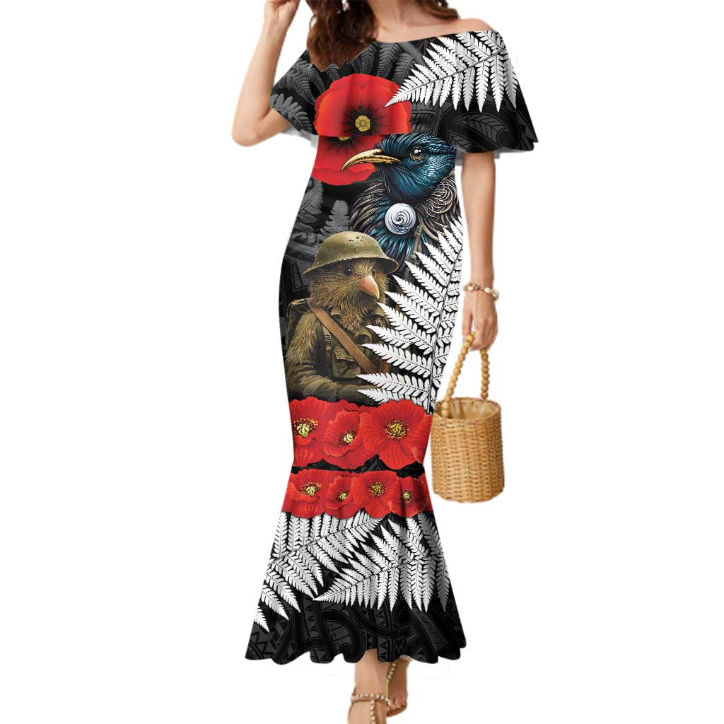 Kiwi-Tui Bird Soldier ANZAC Day Personalised Family Matching Mermaid Dress and Hawaiian Shirt Maori Silver Fern Motif LT9 Mom's Dress Black - Polynesian Pride