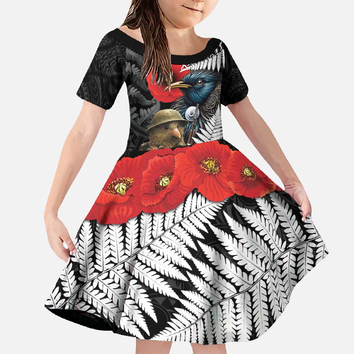 Kiwi-Tui Bird Soldier ANZAC Day Personalised Family Matching Off The Shoulder Long Sleeve Dress and Hawaiian Shirt Maori Silver Fern Motif LT9 Daughter's Dress Black - Polynesian Pride