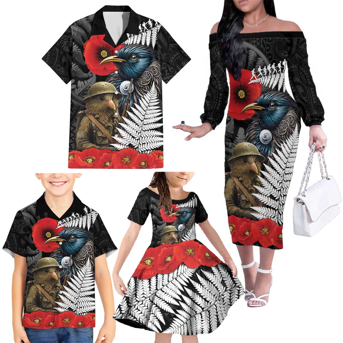 Kiwi-Tui Bird Soldier ANZAC Day Personalised Family Matching Off The Shoulder Long Sleeve Dress and Hawaiian Shirt Maori Silver Fern Motif LT9 - Polynesian Pride