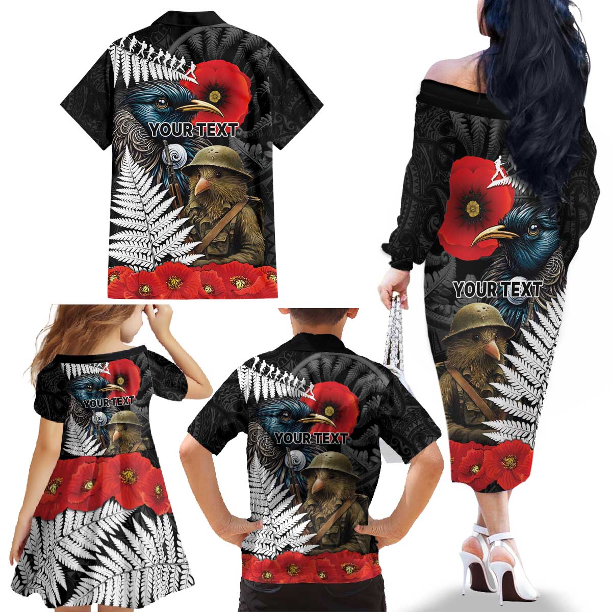 Kiwi-Tui Bird Soldier ANZAC Day Personalised Family Matching Off The Shoulder Long Sleeve Dress and Hawaiian Shirt Maori Silver Fern Motif LT9 - Polynesian Pride