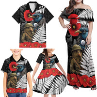 Kiwi-Tui Bird Soldier ANZAC Day Personalised Family Matching Off Shoulder Maxi Dress and Hawaiian Shirt Maori Silver Fern Motif LT9 - Polynesian Pride