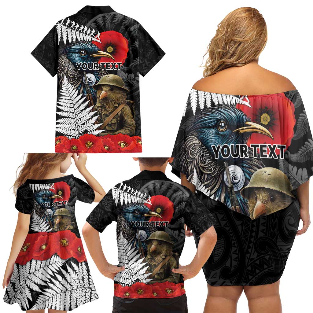 Kiwi-Tui Bird Soldier ANZAC Day Personalised Family Matching Off Shoulder Short Dress and Hawaiian Shirt Maori Silver Fern Motif LT9 - Polynesian Pride