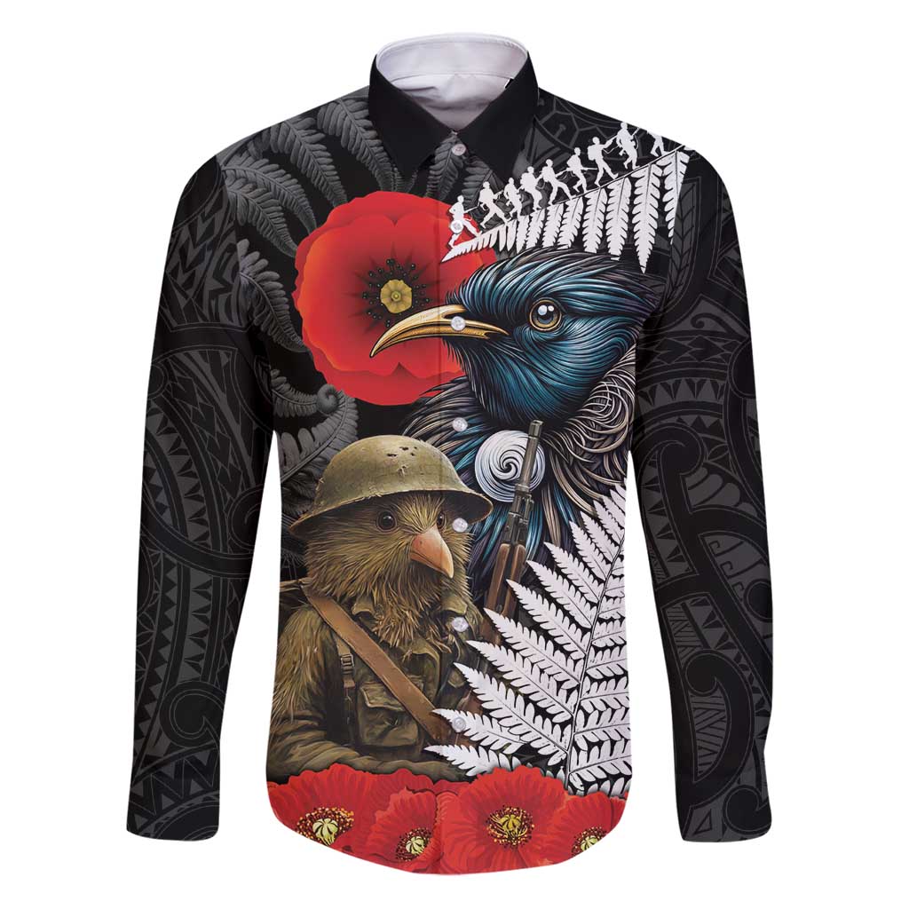 Kiwi-Tui Bird Soldier ANZAC Day Personalised Family Matching Puletasi and Hawaiian Shirt Maori Silver Fern Motif LT9 Dad's Shirt - Long Sleeve Black - Polynesian Pride