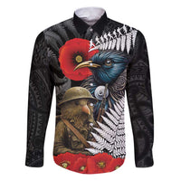 Kiwi-Tui Bird Soldier ANZAC Day Personalised Family Matching Puletasi and Hawaiian Shirt Maori Silver Fern Motif LT9 Dad's Shirt - Long Sleeve Black - Polynesian Pride