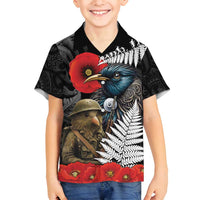 Kiwi-Tui Bird Soldier ANZAC Day Personalised Family Matching Puletasi and Hawaiian Shirt Maori Silver Fern Motif LT9 Son's Shirt Black - Polynesian Pride